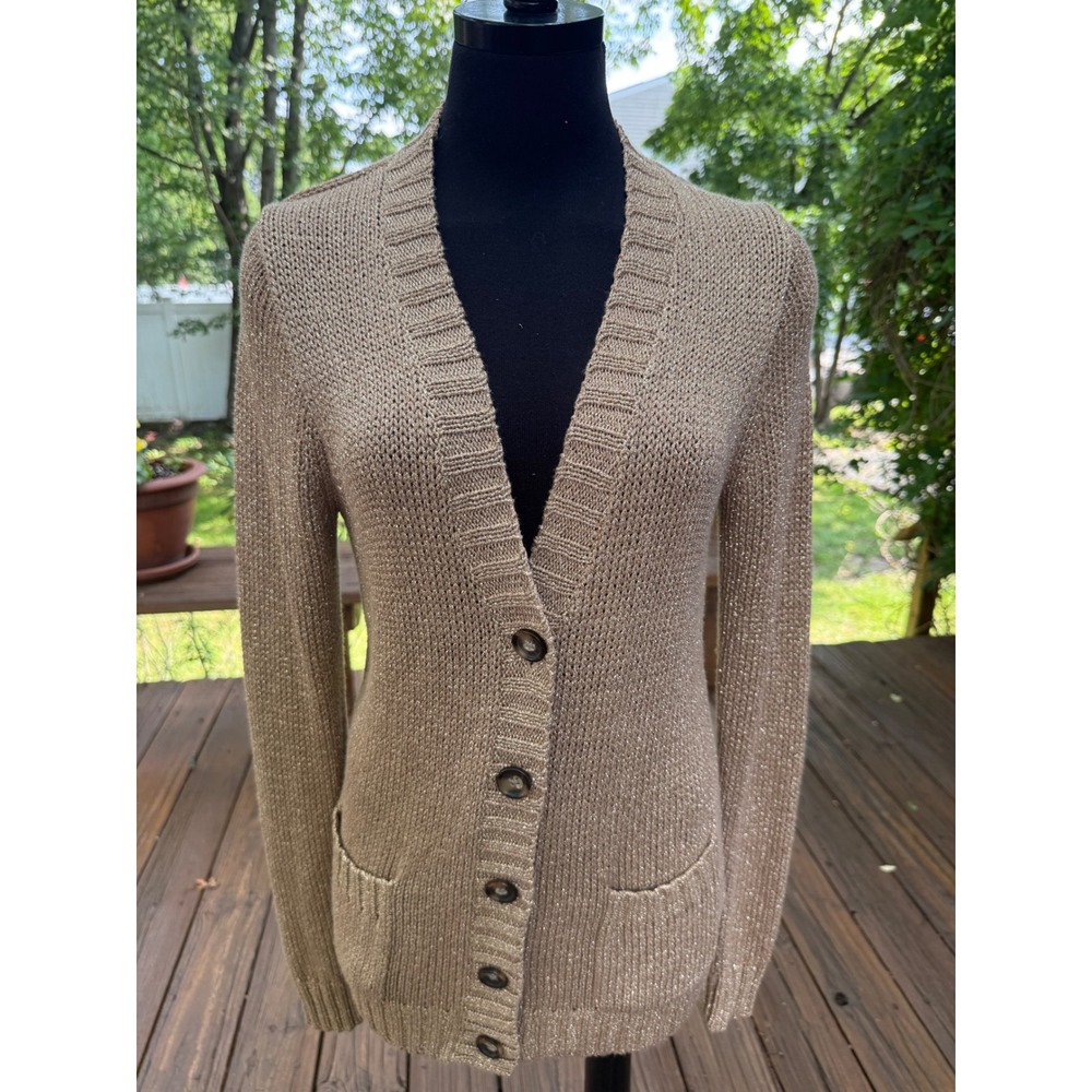 J.Crew Metallic Gold Cardigan Sweater V-Neck Button Front Pockets 33652 Womens M